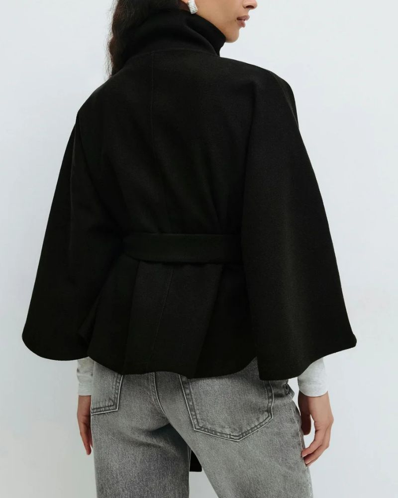 Women's Cape Coat with Tie Belt and High Collar