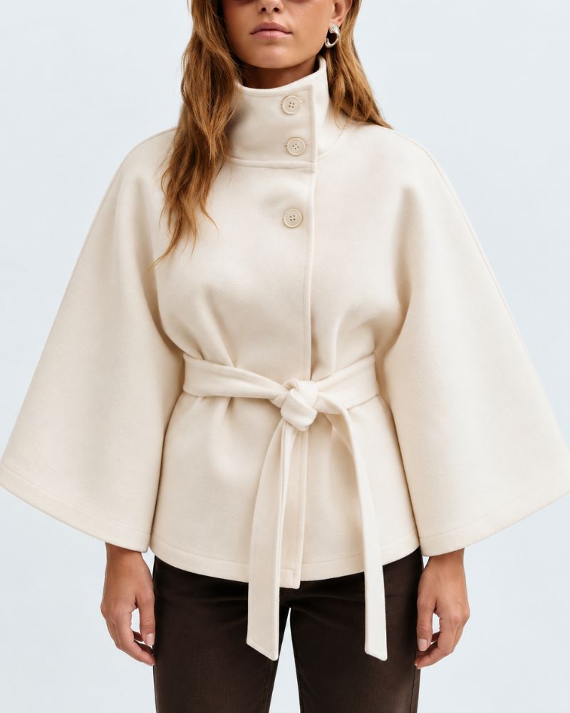 Women's Cape Coat with Tie Belt and High Collar