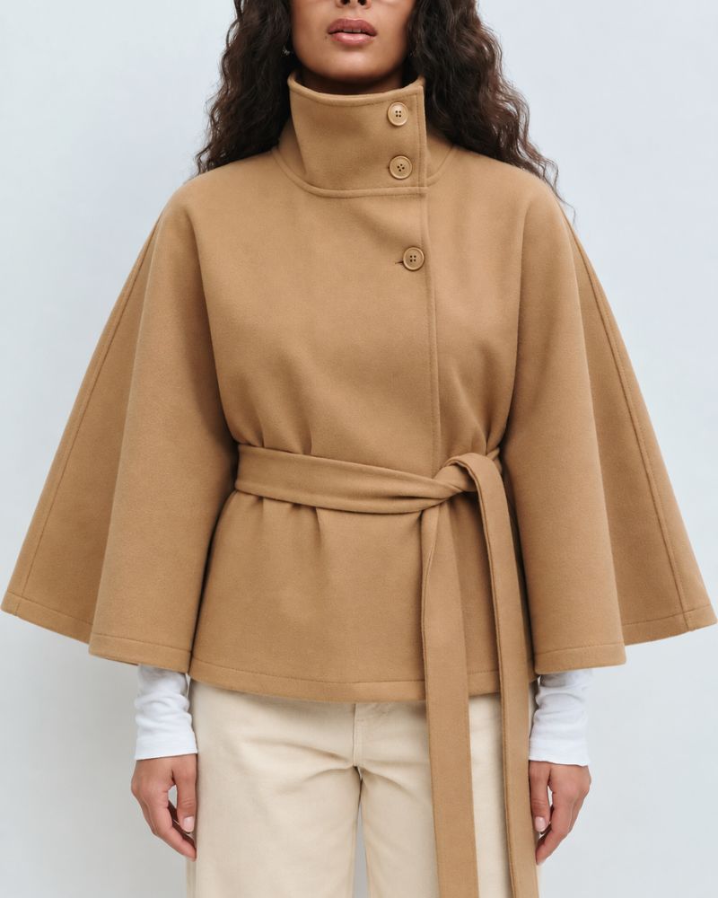 Women's Cape Coat with Tie Belt and High Collar