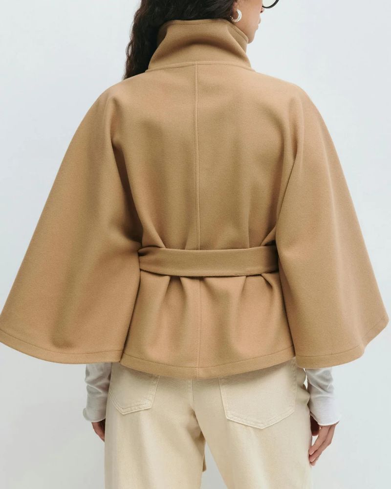 Women's Cape Coat with Tie Belt and High Collar