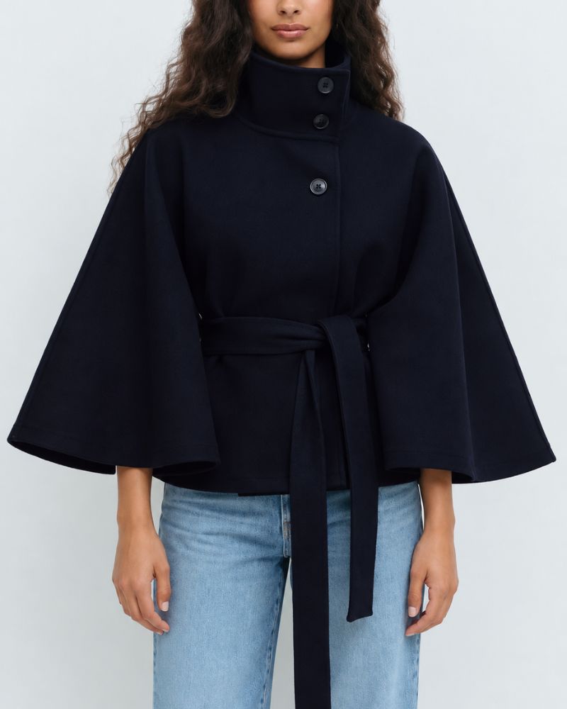 Women's Cape Coat with Tie Belt and High Collar