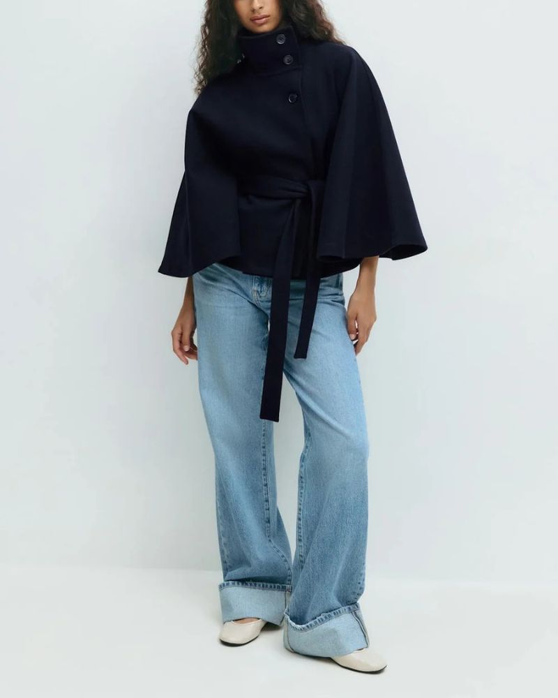 Women's Cape Coat with Tie Belt and High Collar