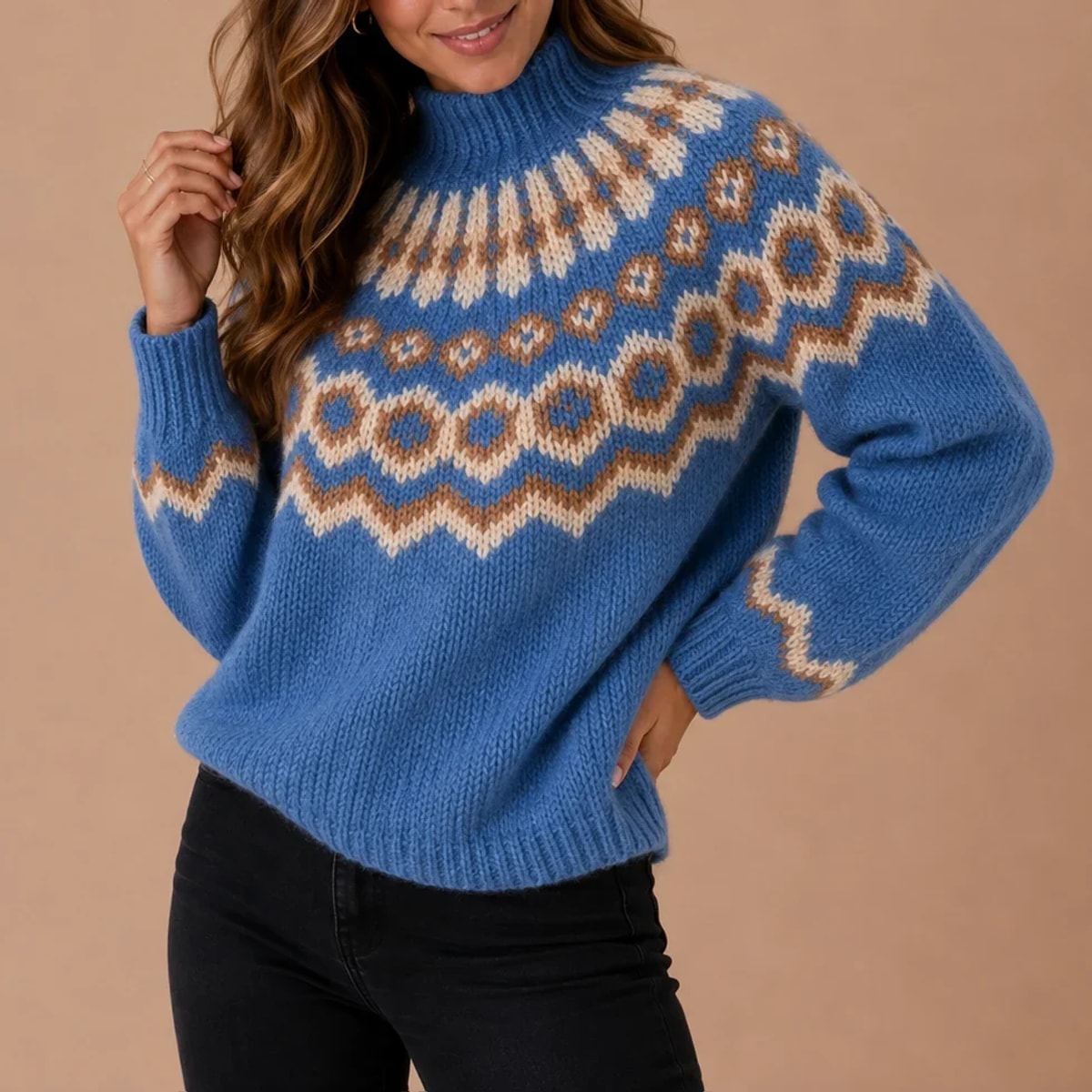 Women's High Neck Jumper with Nordic Pattern and Ribbed Cuffs