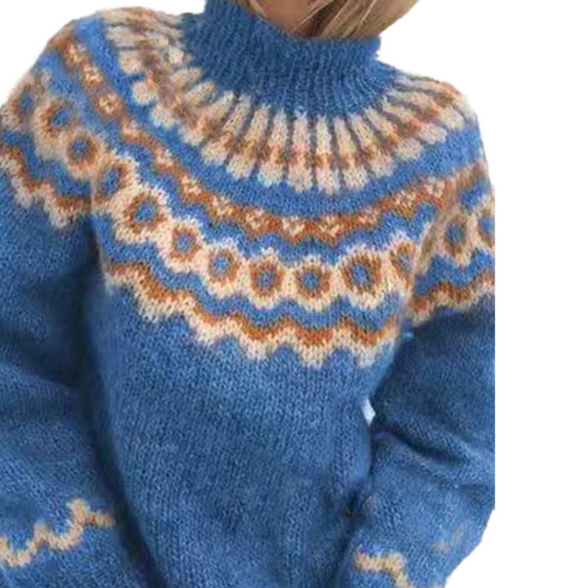Women's High Neck Jumper with Nordic Pattern and Ribbed Cuffs