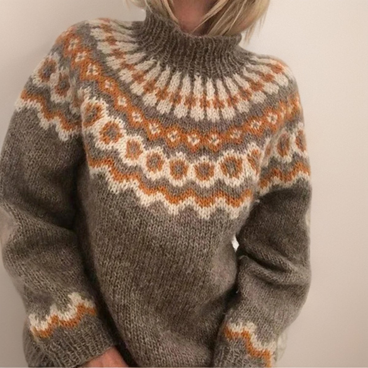 Women's High Neck Jumper with Nordic Pattern and Ribbed Cuffs