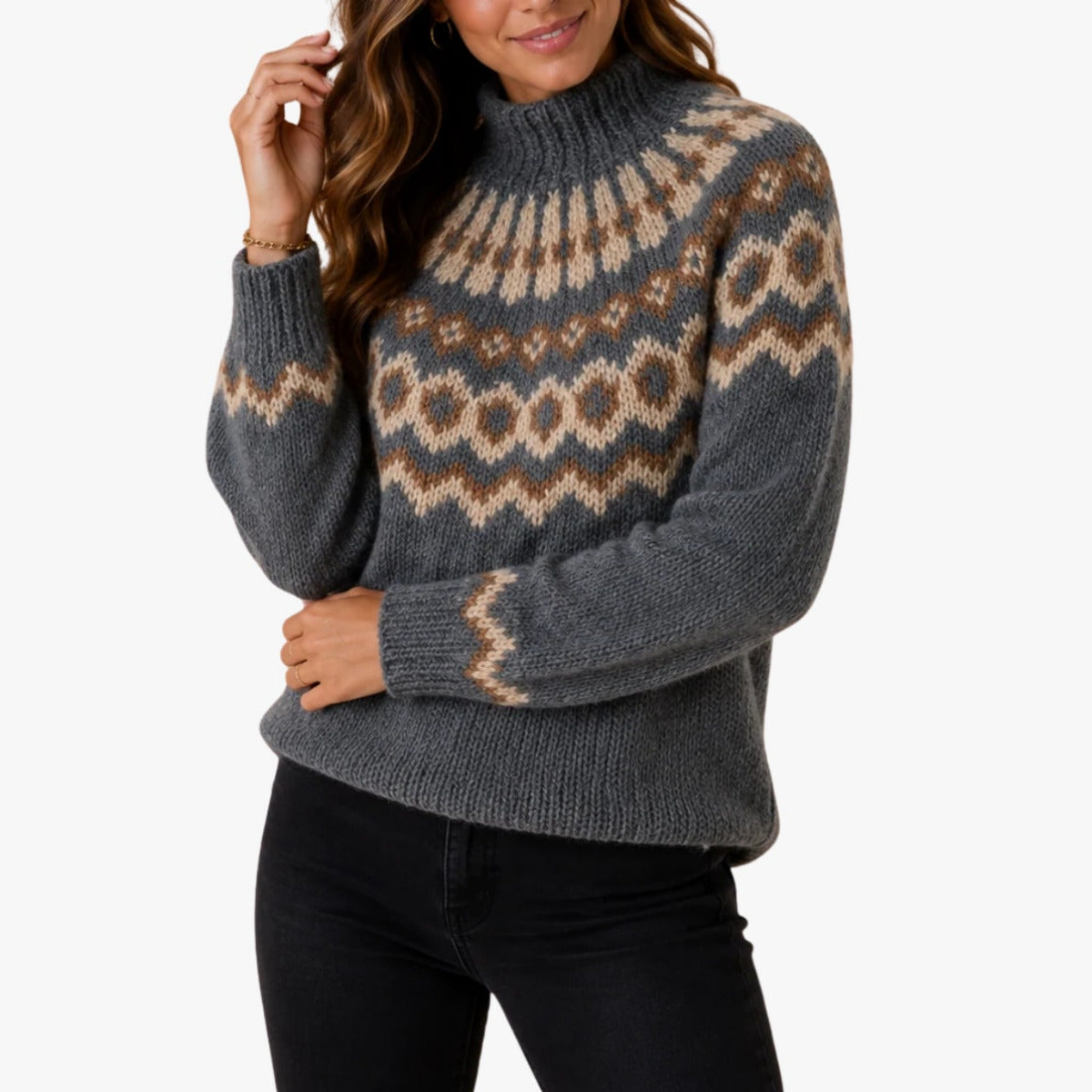 Women's High Neck Jumper with Nordic Pattern and Ribbed Cuffs