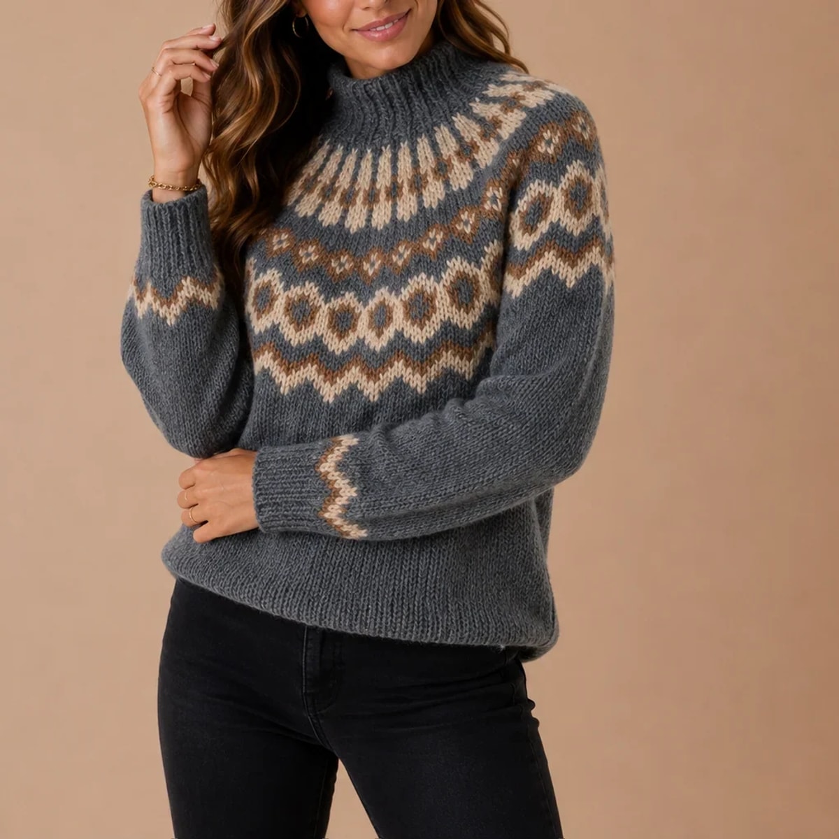 Women's High Neck Jumper with Nordic Pattern and Ribbed Cuffs