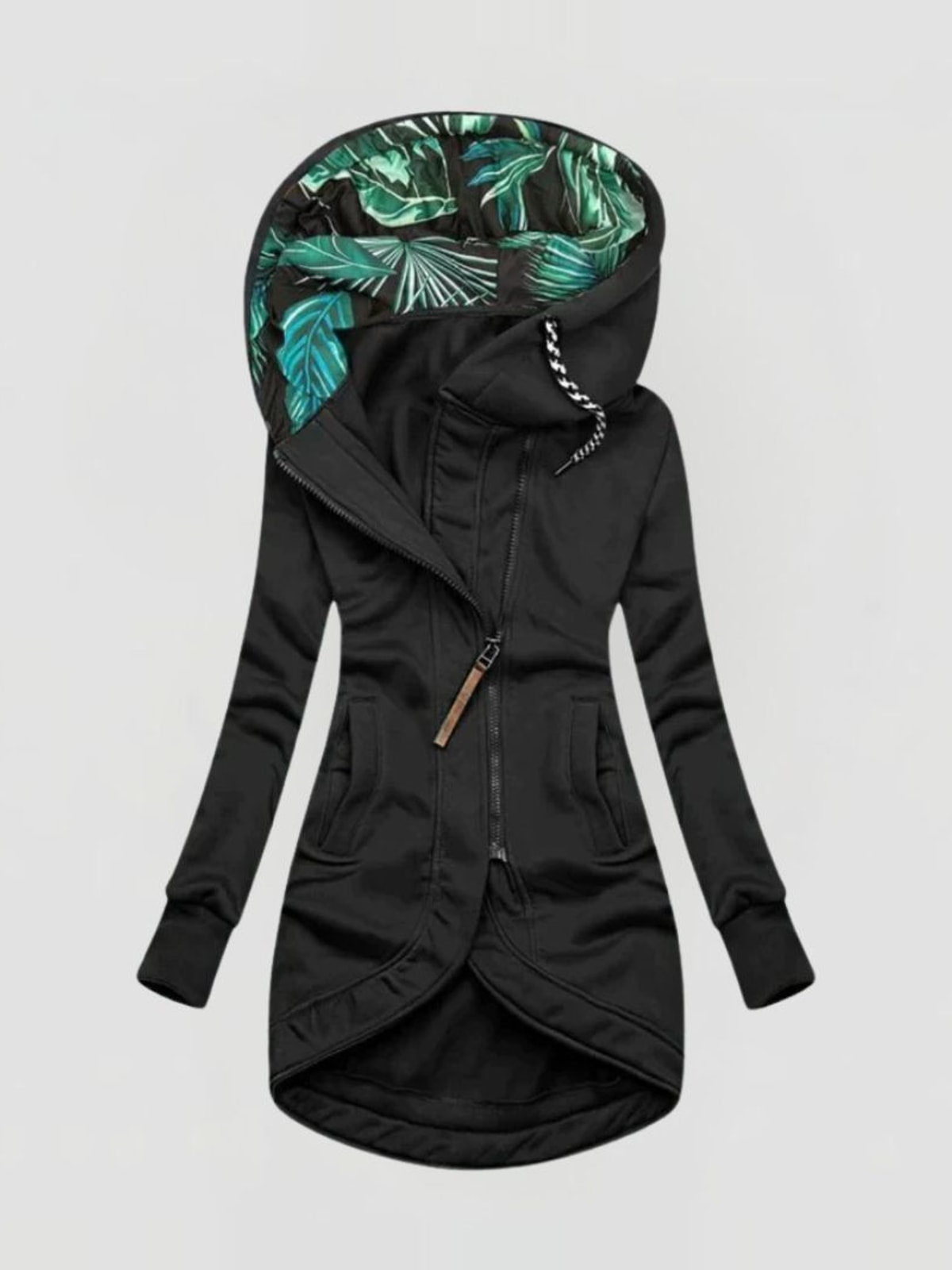 Women's Hooded Coat with Leaf Print Hood and Asymmetric Zip