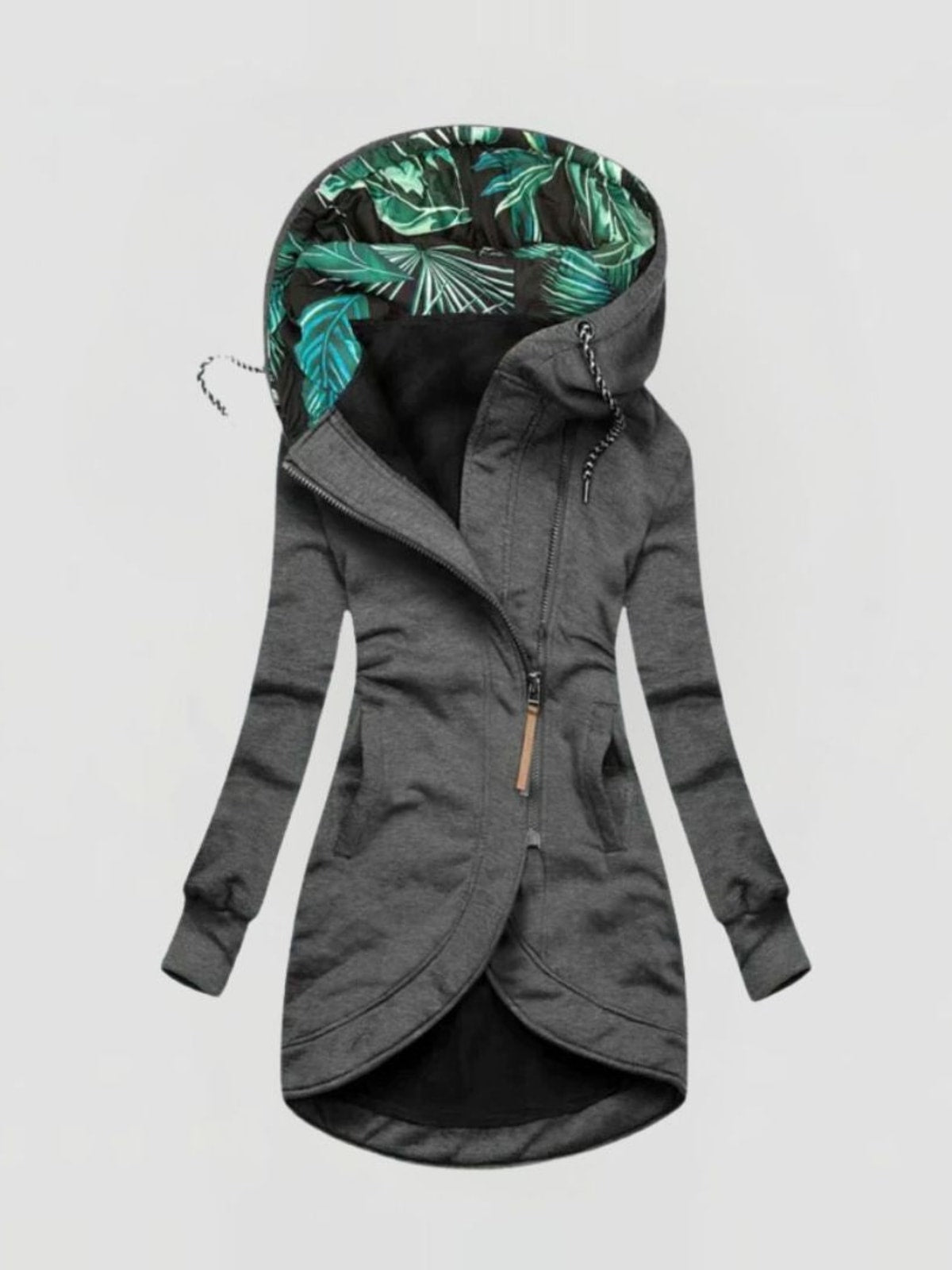Women's Hooded Coat with Leaf Print Hood and Asymmetric Zip
