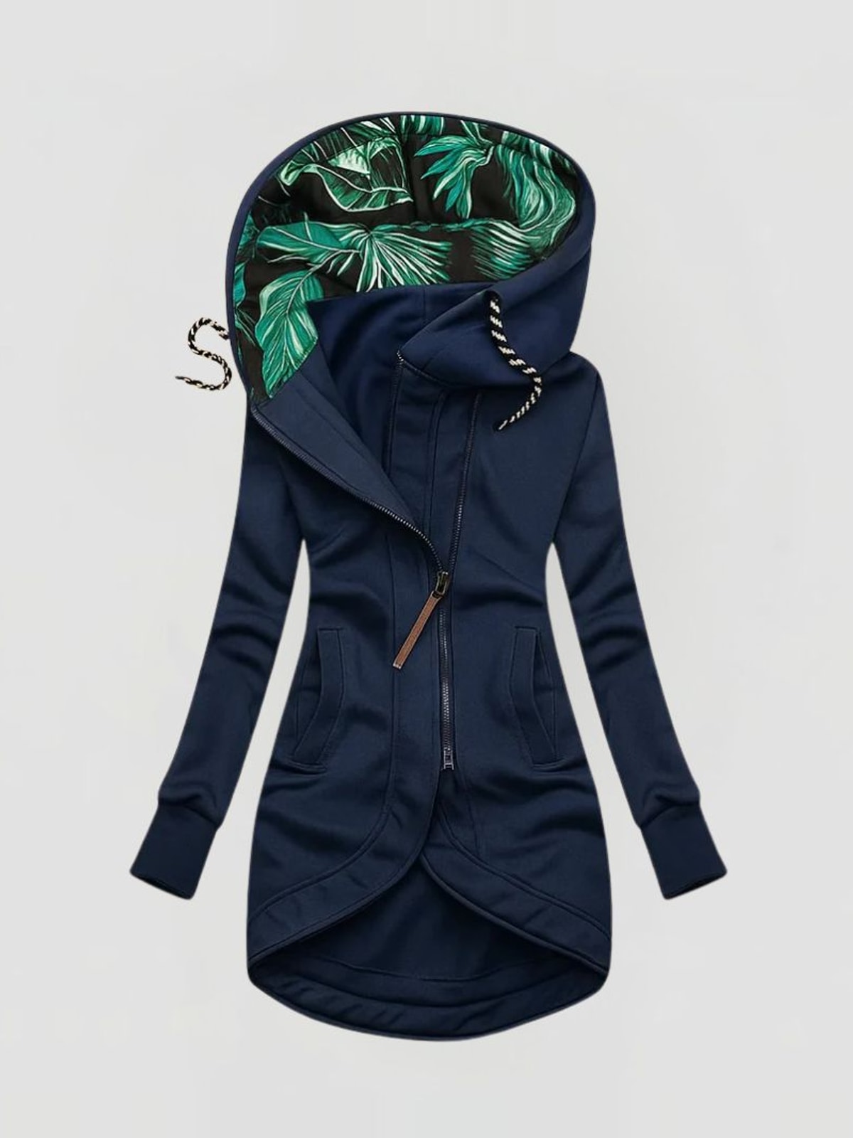 Women's Hooded Coat with Leaf Print Hood and Asymmetric Zip