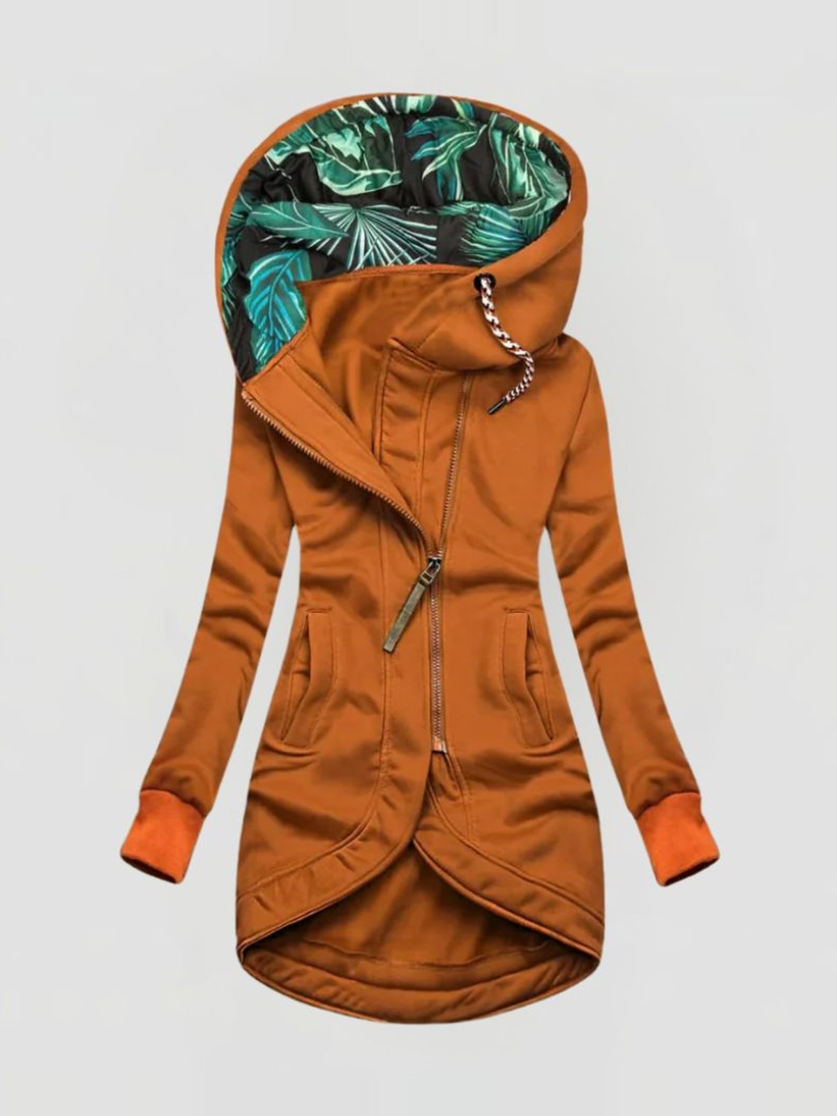 Women's Hooded Coat with Leaf Print Hood and Asymmetric Zip