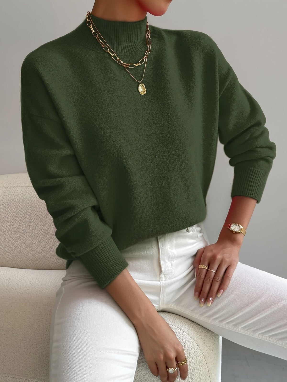 Women's Jumper with Stand Collar and Dropped Shoulders
