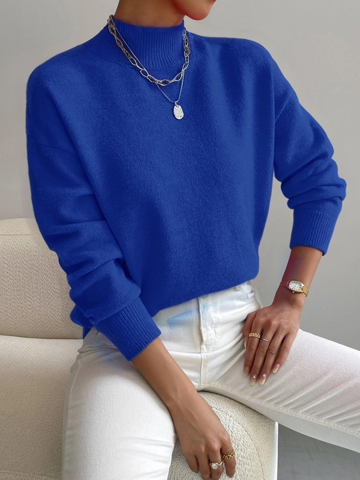 Women's Jumper with Stand Collar and Dropped Shoulders
