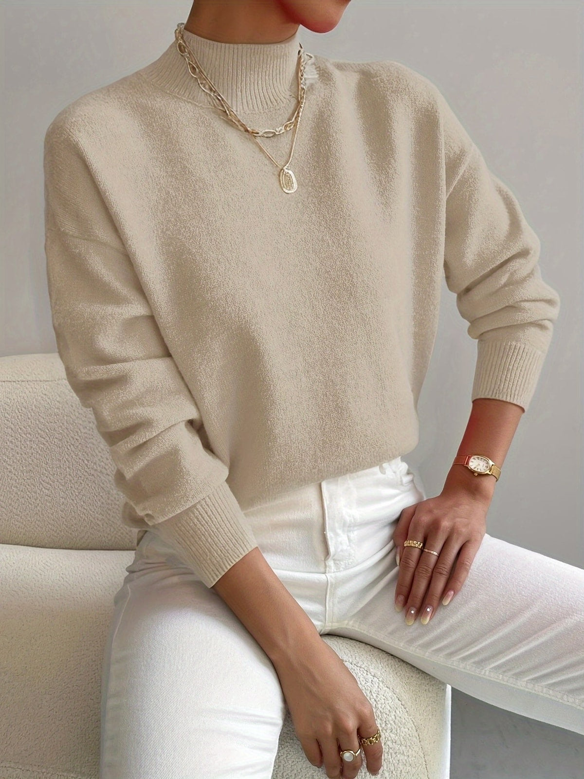 Women's Knit Jumper with High Neck and Ribbed Cuffs