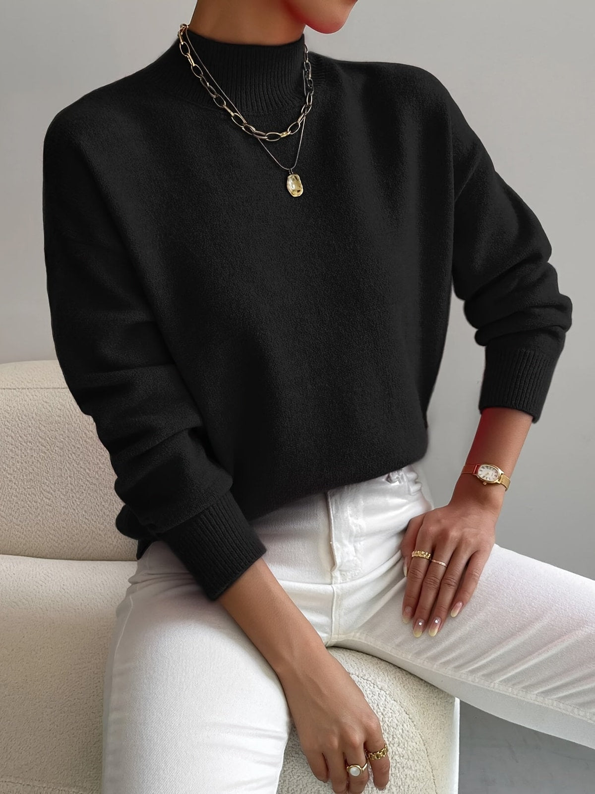 Women's Knit Jumper with High Neck and Ribbed Cuffs