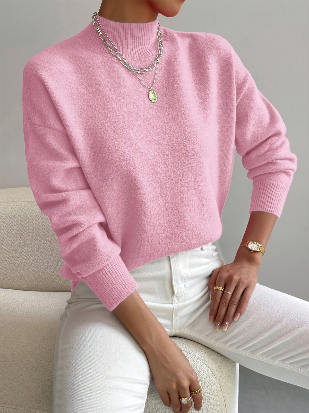 Women's Knit Jumper with High Neck and Ribbed Cuffs