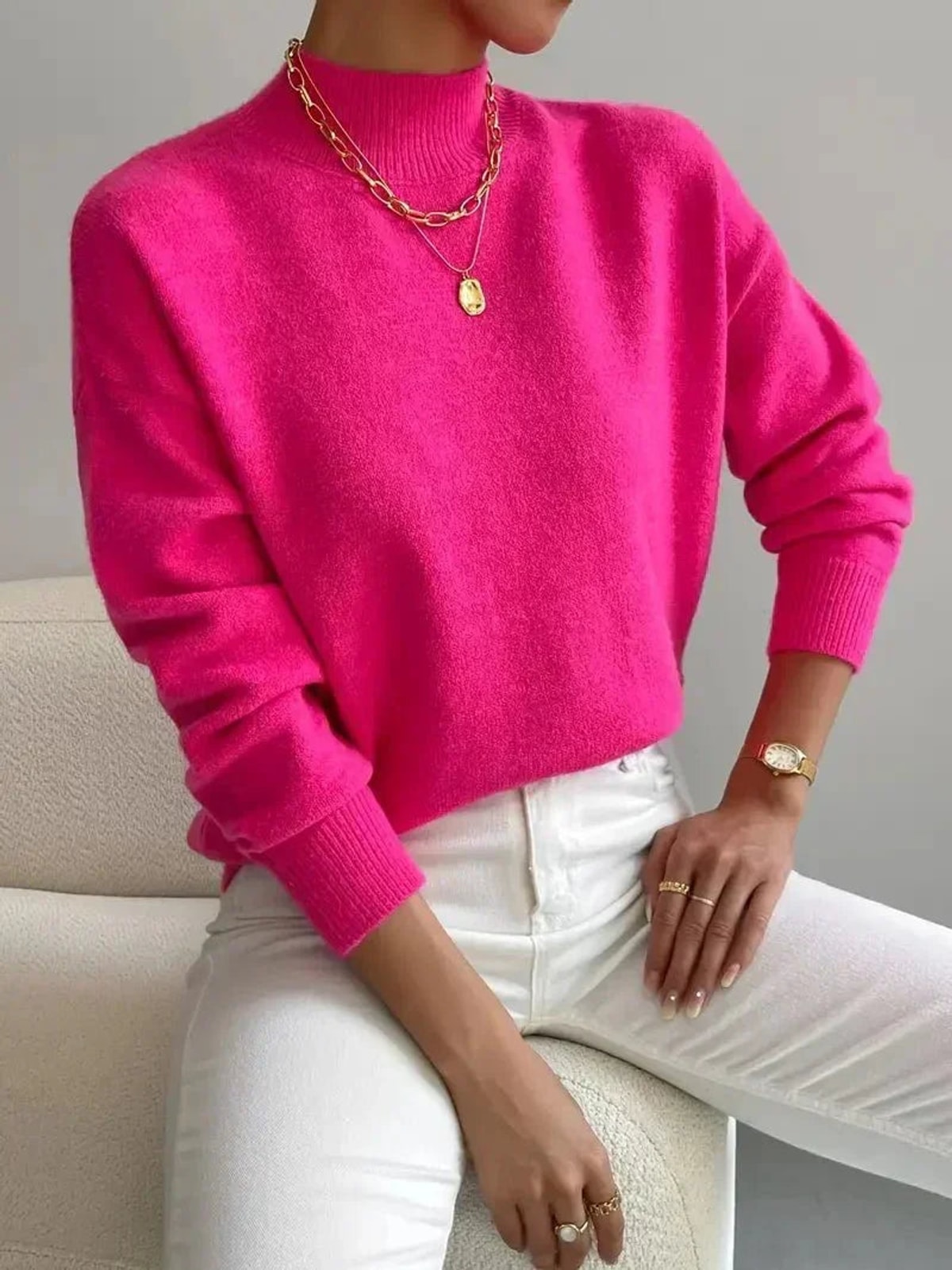 Women's Knit Jumper with High Neck and Ribbed Cuffs