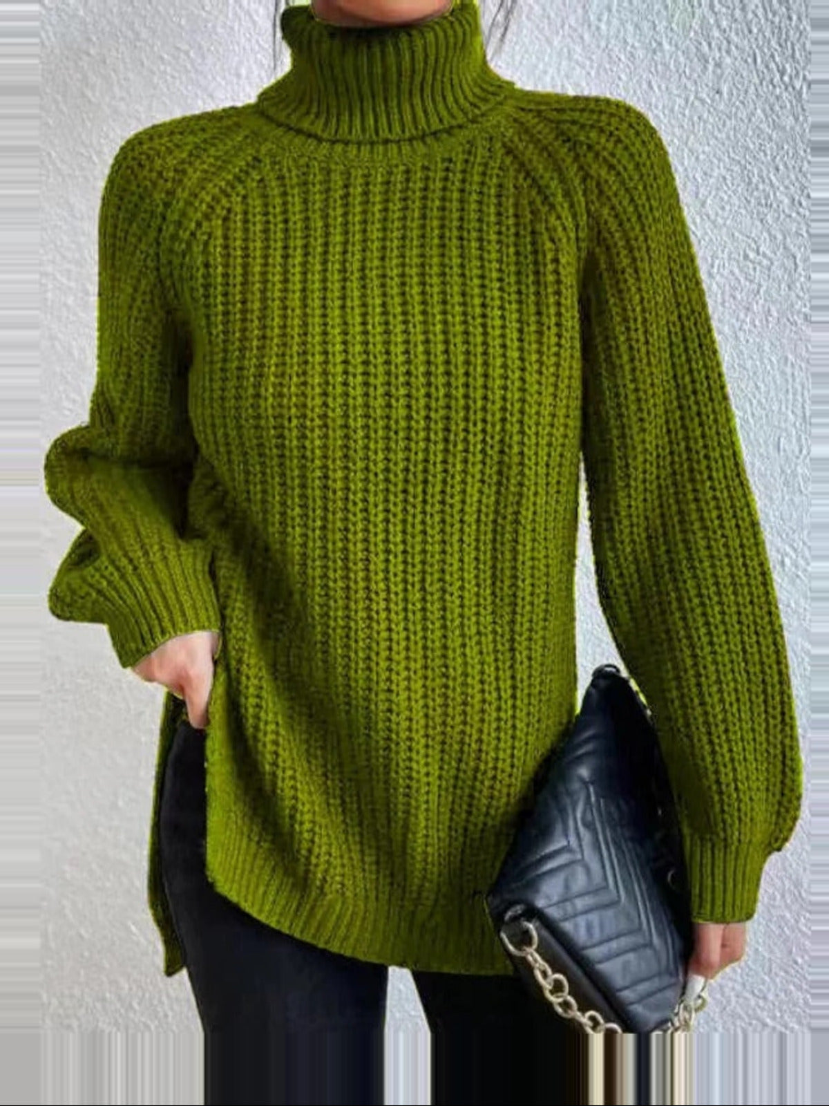 Women's Knit Turtleneck Jumper with Long Sleeves and Side Splits