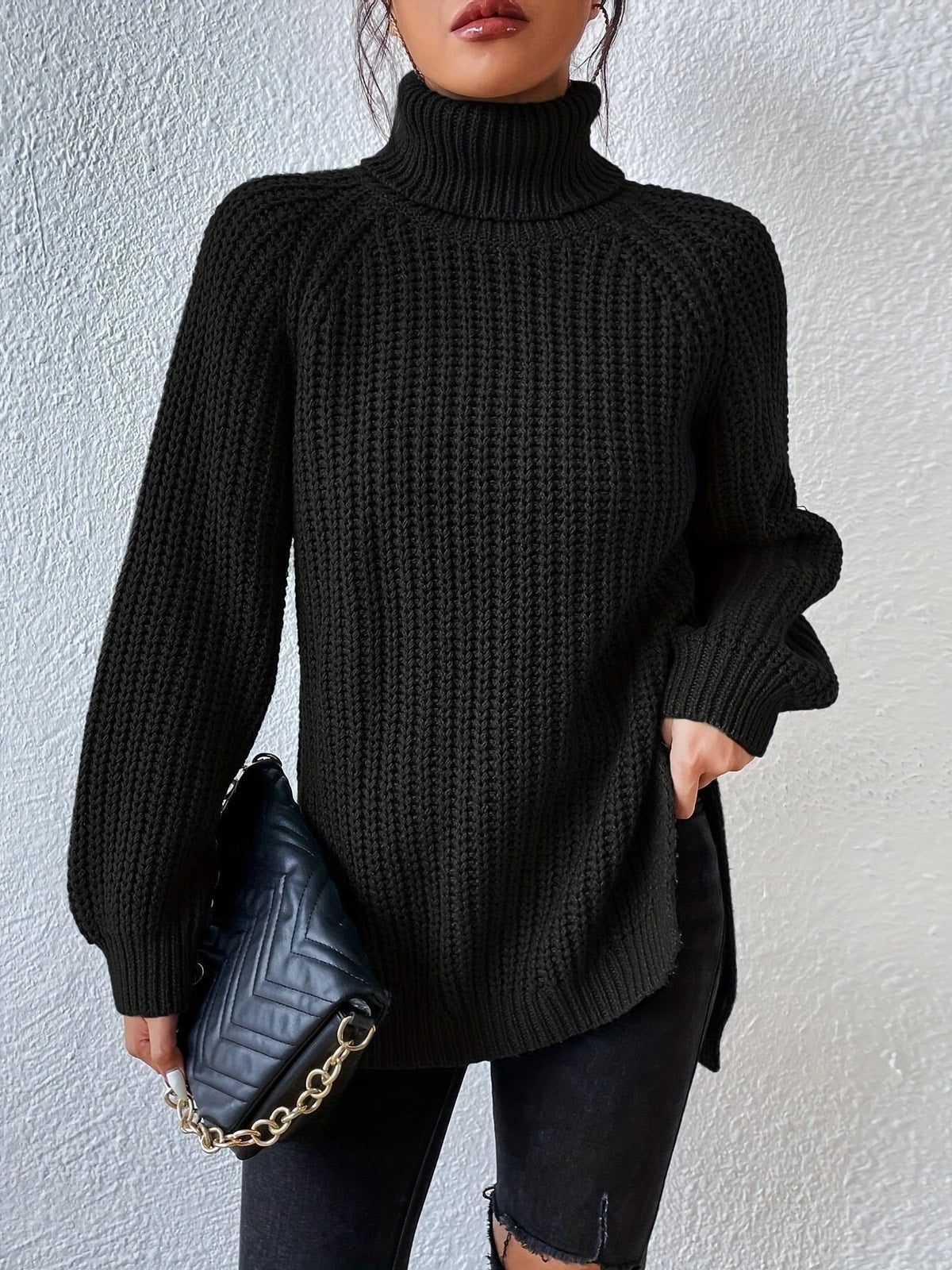 Women's Knit Turtleneck Jumper with Long Sleeves and Side Splits