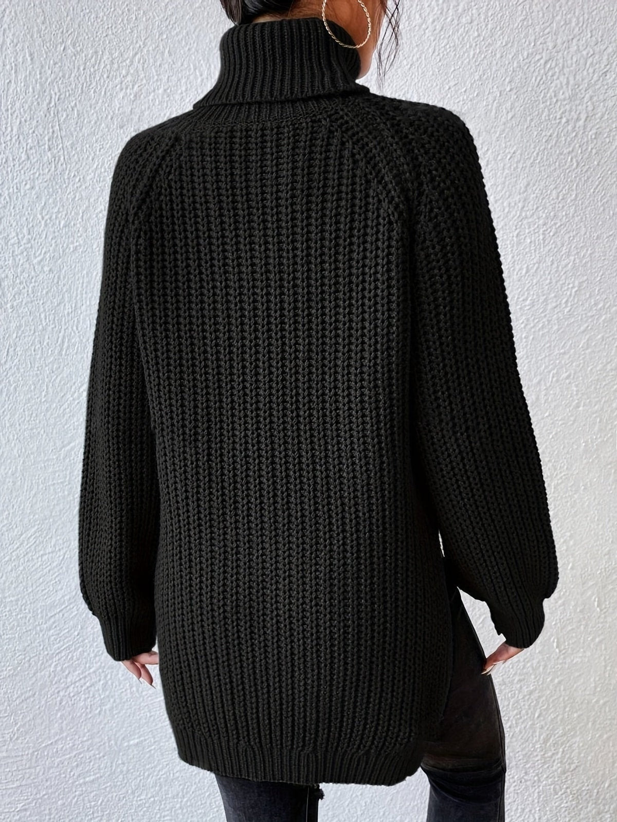 Women's Knit Turtleneck Jumper with Long Sleeves and Side Splits