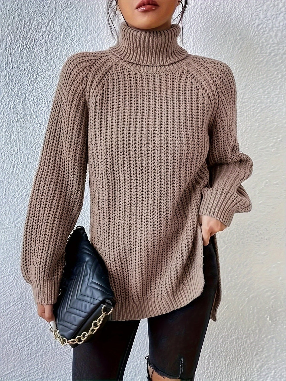 Women's Knit Turtleneck Jumper with Long Sleeves and Side Splits