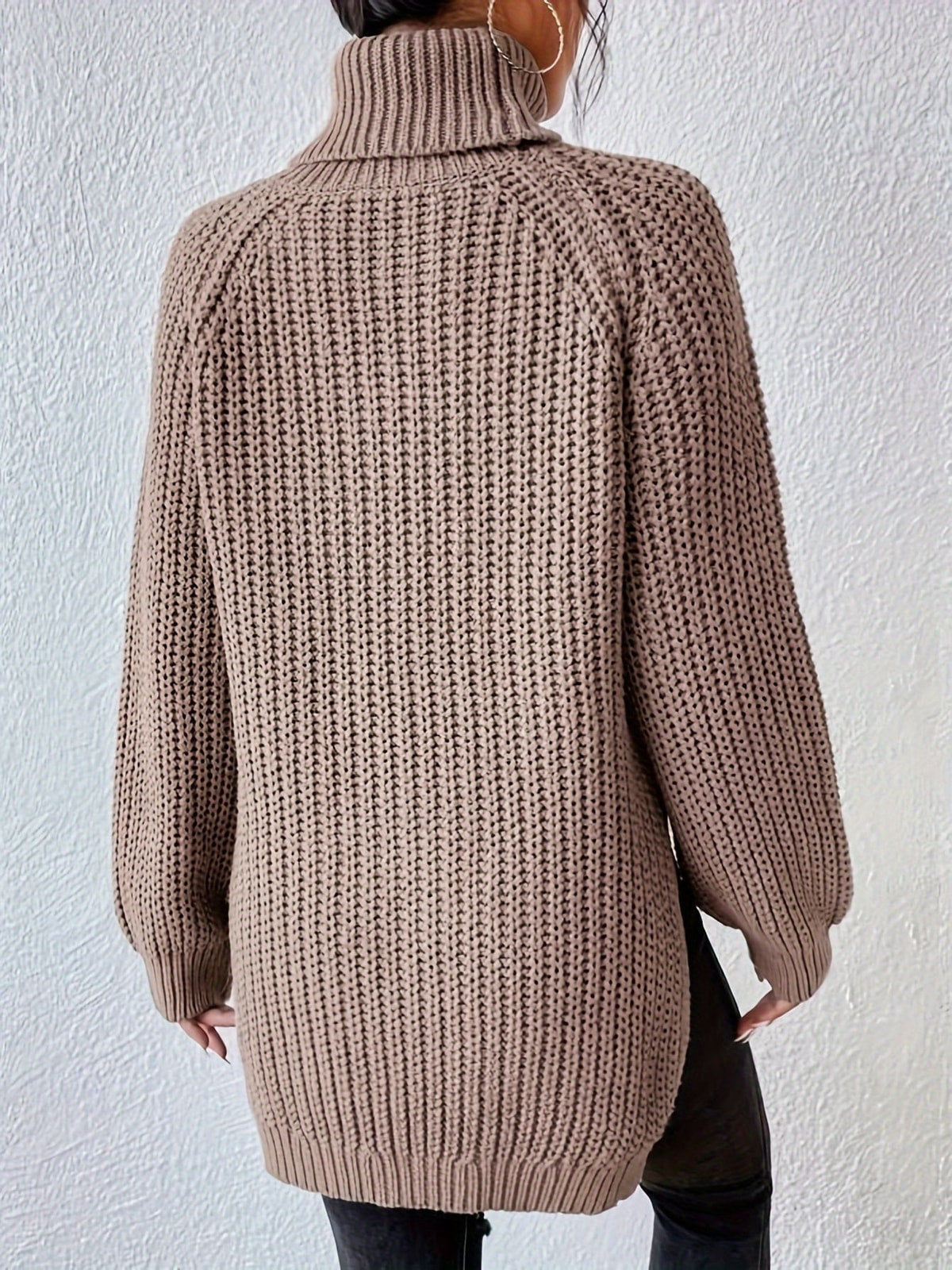 Women's Knit Turtleneck Jumper with Long Sleeves and Side Splits
