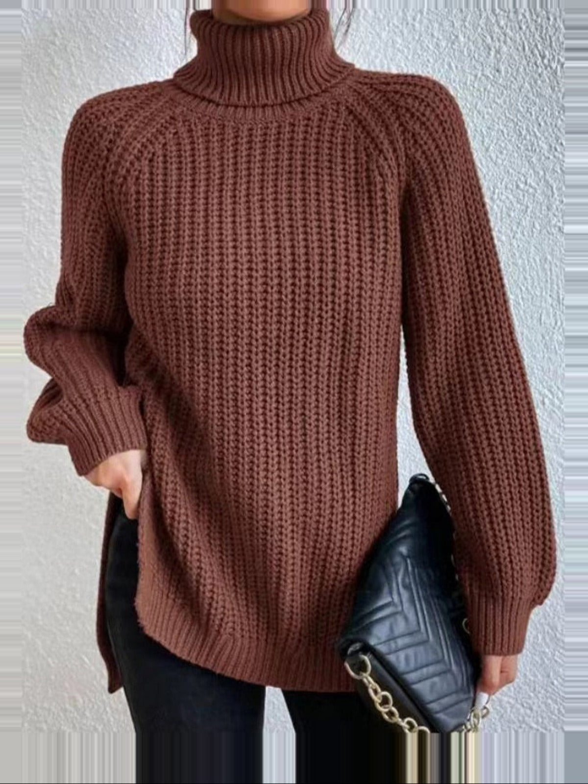 Women's Knit Turtleneck Jumper with Long Sleeves and Side Splits