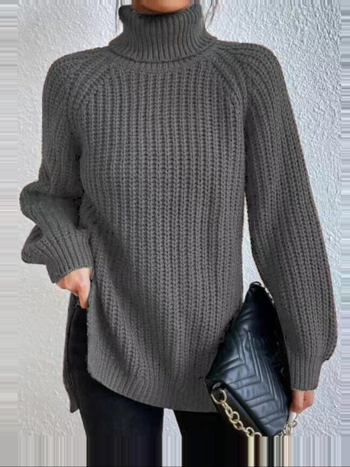 Women's Knit Turtleneck Jumper with Long Sleeves and Side Splits