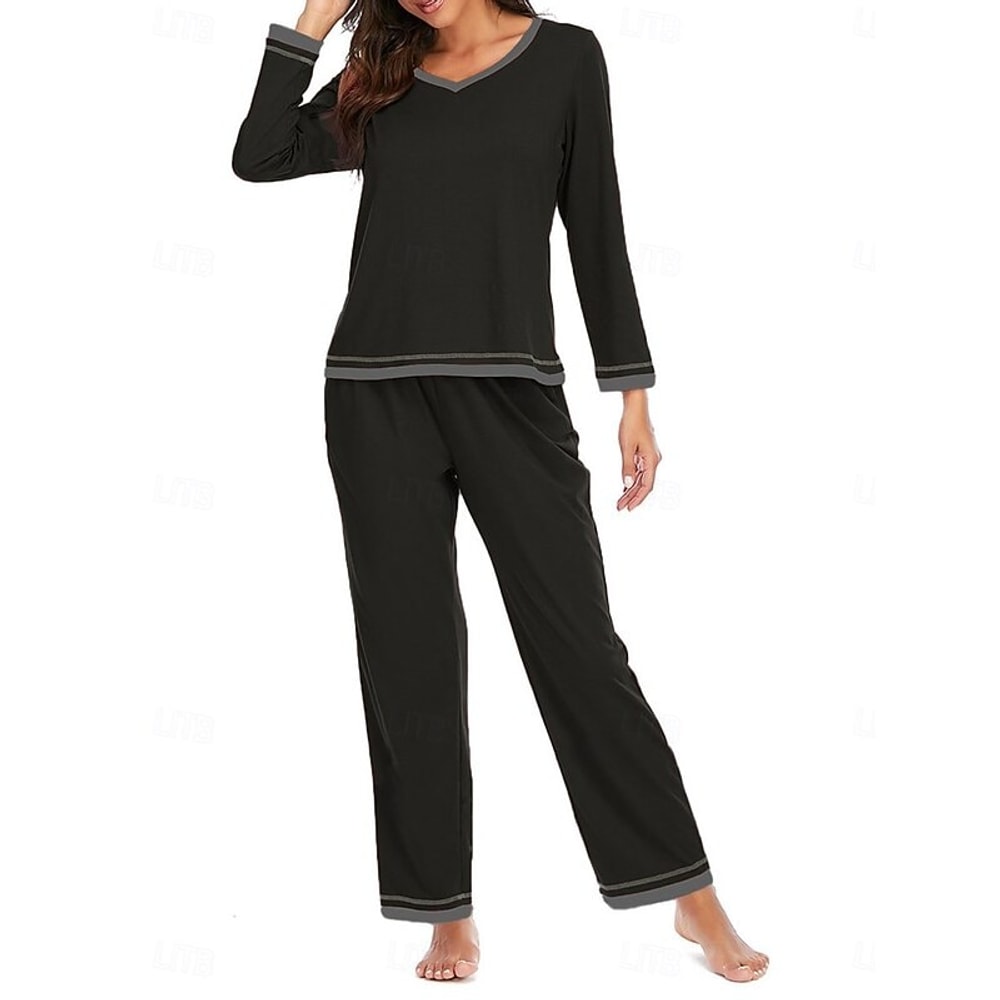 Women's Pyjama Set with V-Neck and Contrast Trim