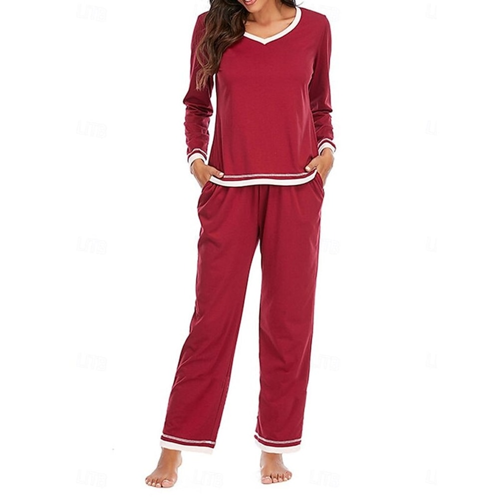 Women's Pyjama Set with V-Neck and Contrast Trim