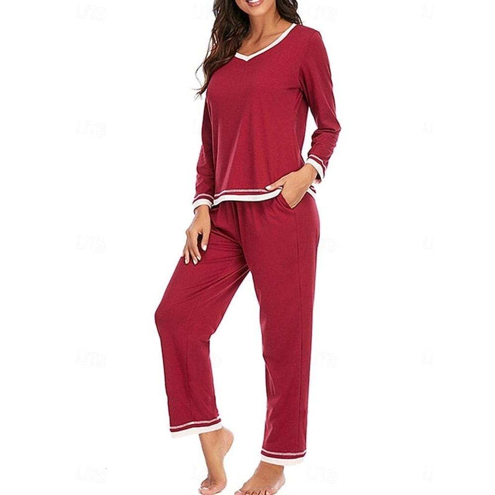 Women's Pyjama Set with V-Neck and Contrast Trim