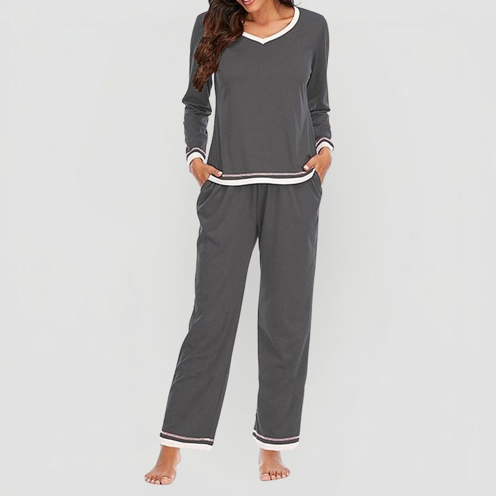Women's Pyjama Set with V-Neck and Contrast Trim
