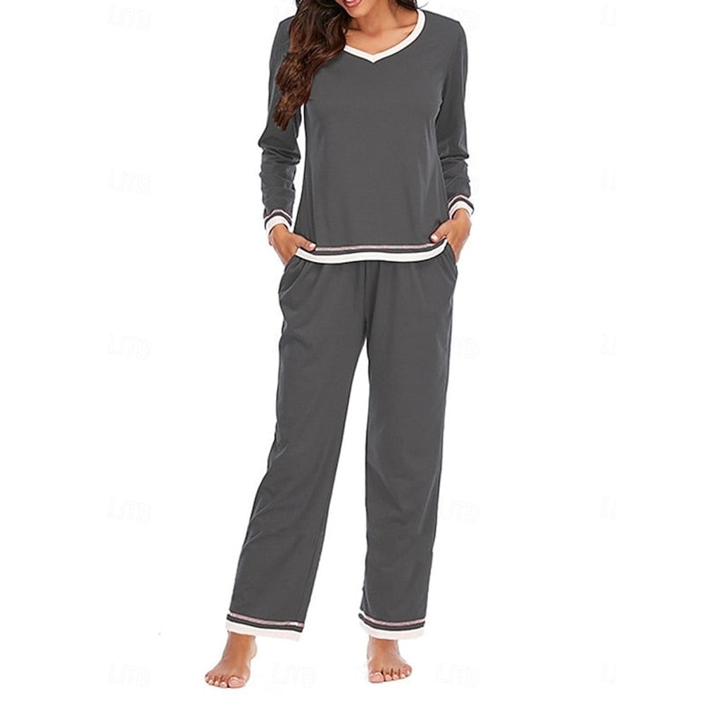 Women's Pyjama Set with V-Neck and Contrast Trim