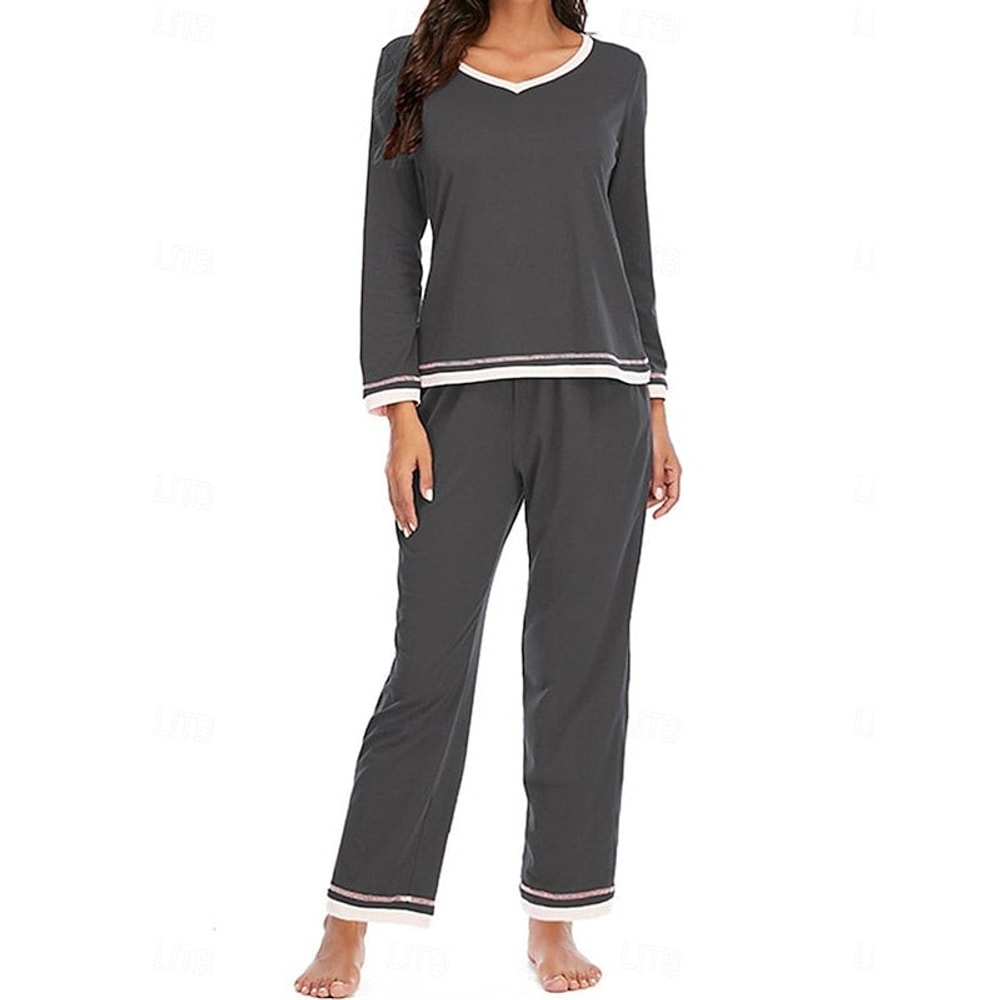 Women's Pyjama Set with V-Neck and Contrast Trim