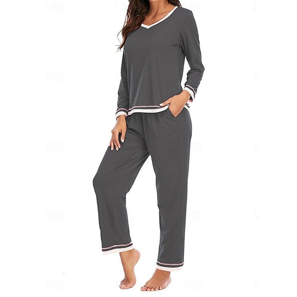 Women's Pyjama Set with V-Neck and Contrast Trim