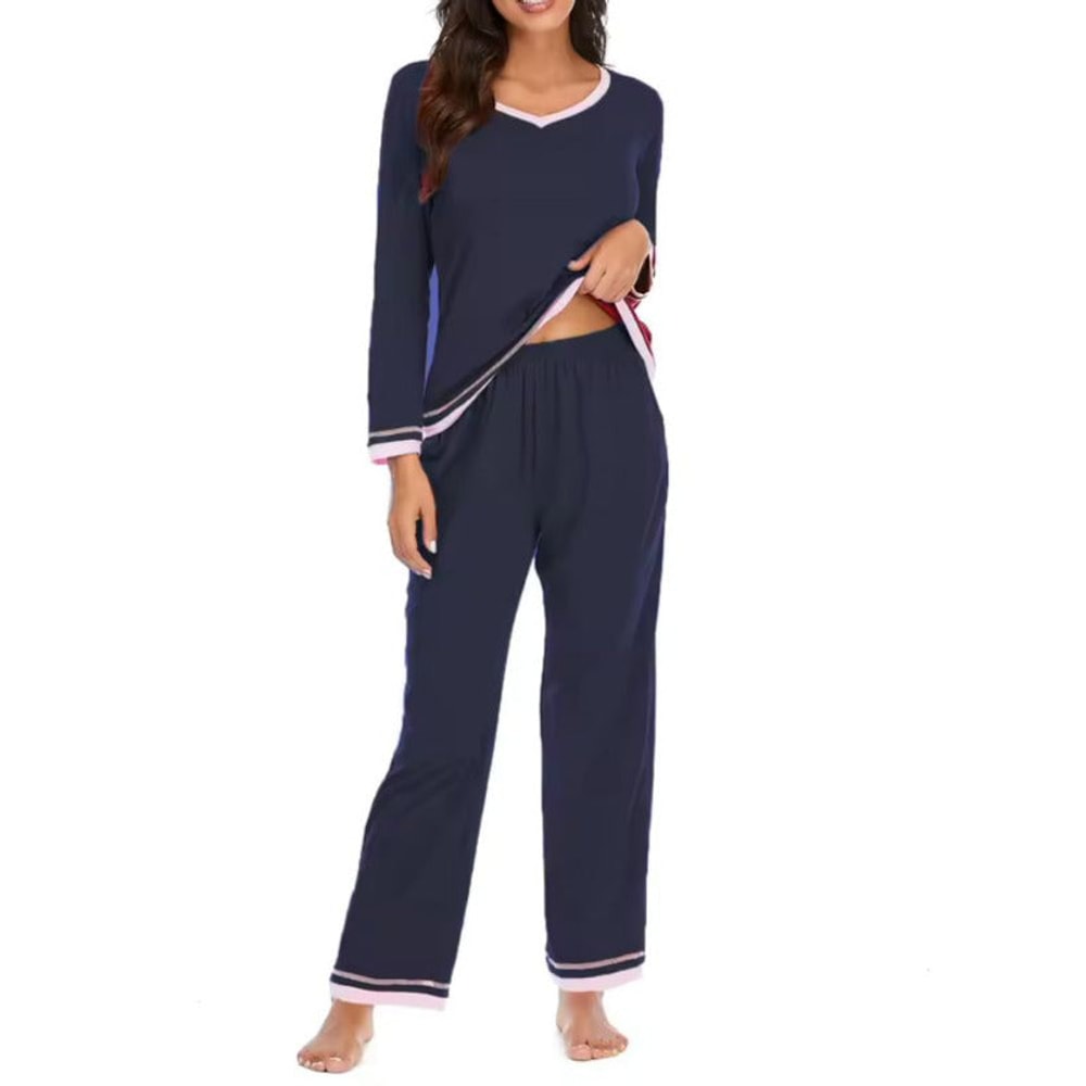 Women's Pyjama Set with V-Neck and Contrast Trim