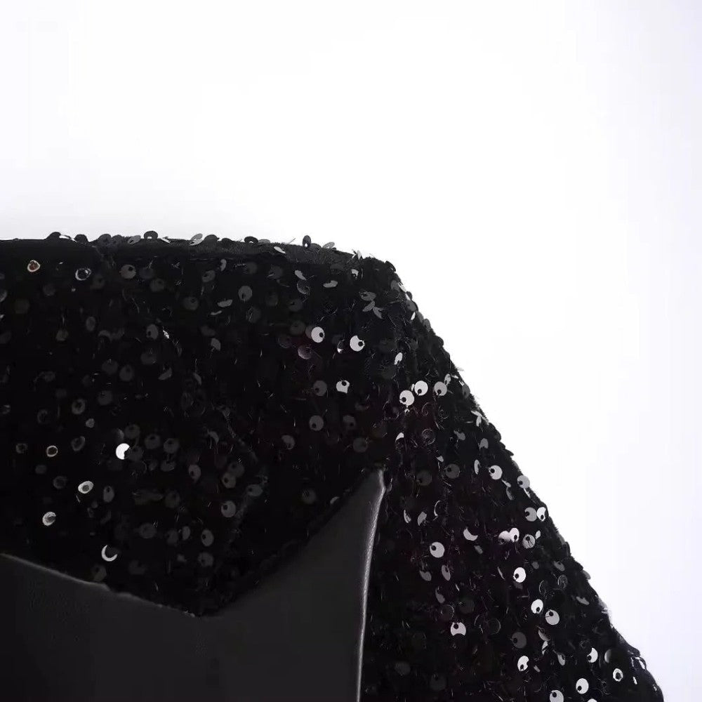 Women's Sequin Blazer with Lapel Collar and Belt