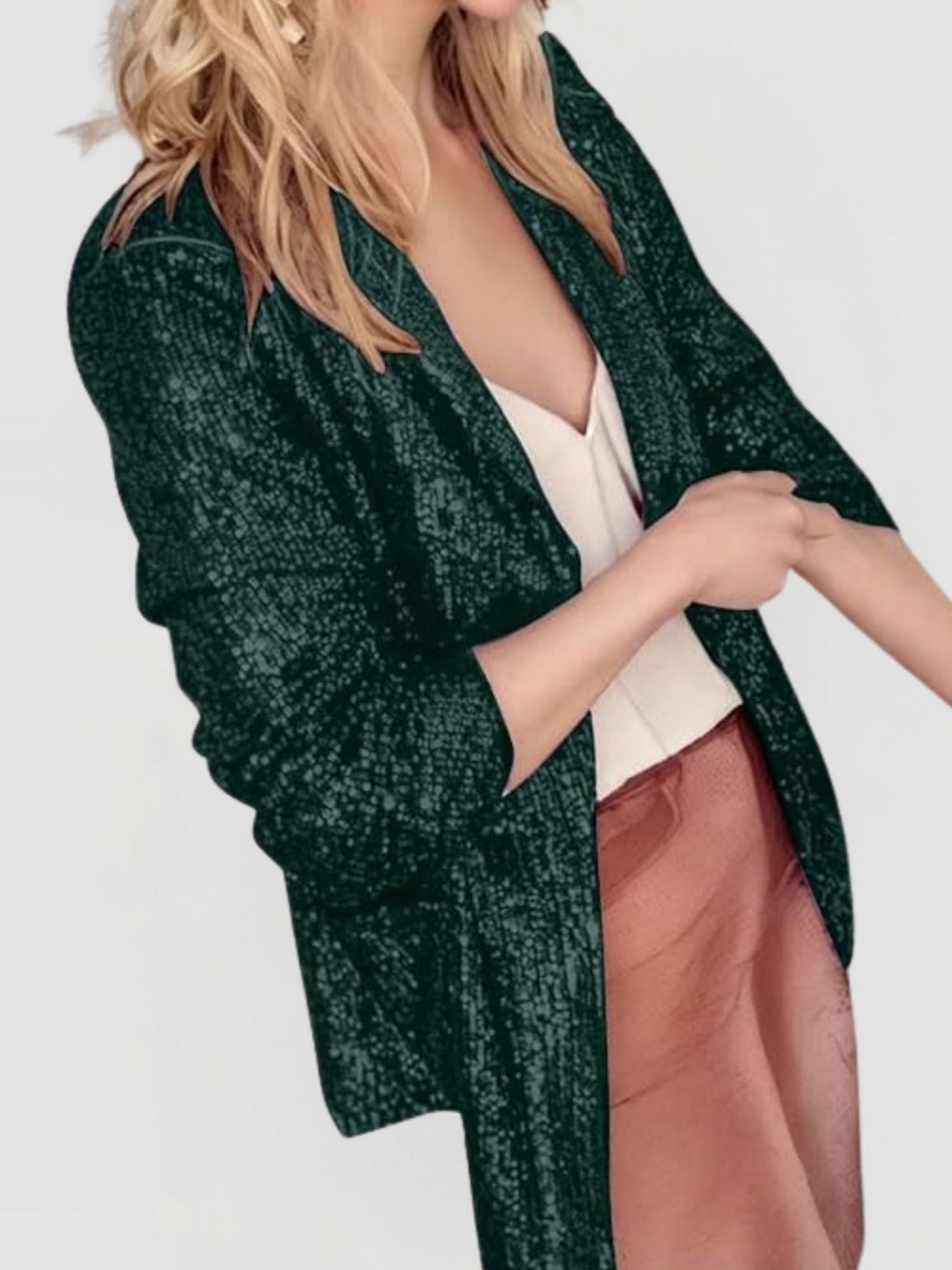 Women's Sequin Blazer with Open Front and Lapel Collar