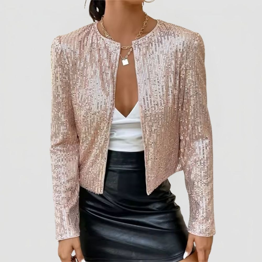 Women's Sequin Blazer with Round Neck and Open Front