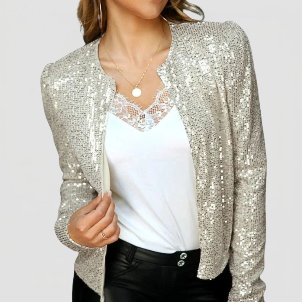 Women's Sequin Blazer with Round Neck and Open Front