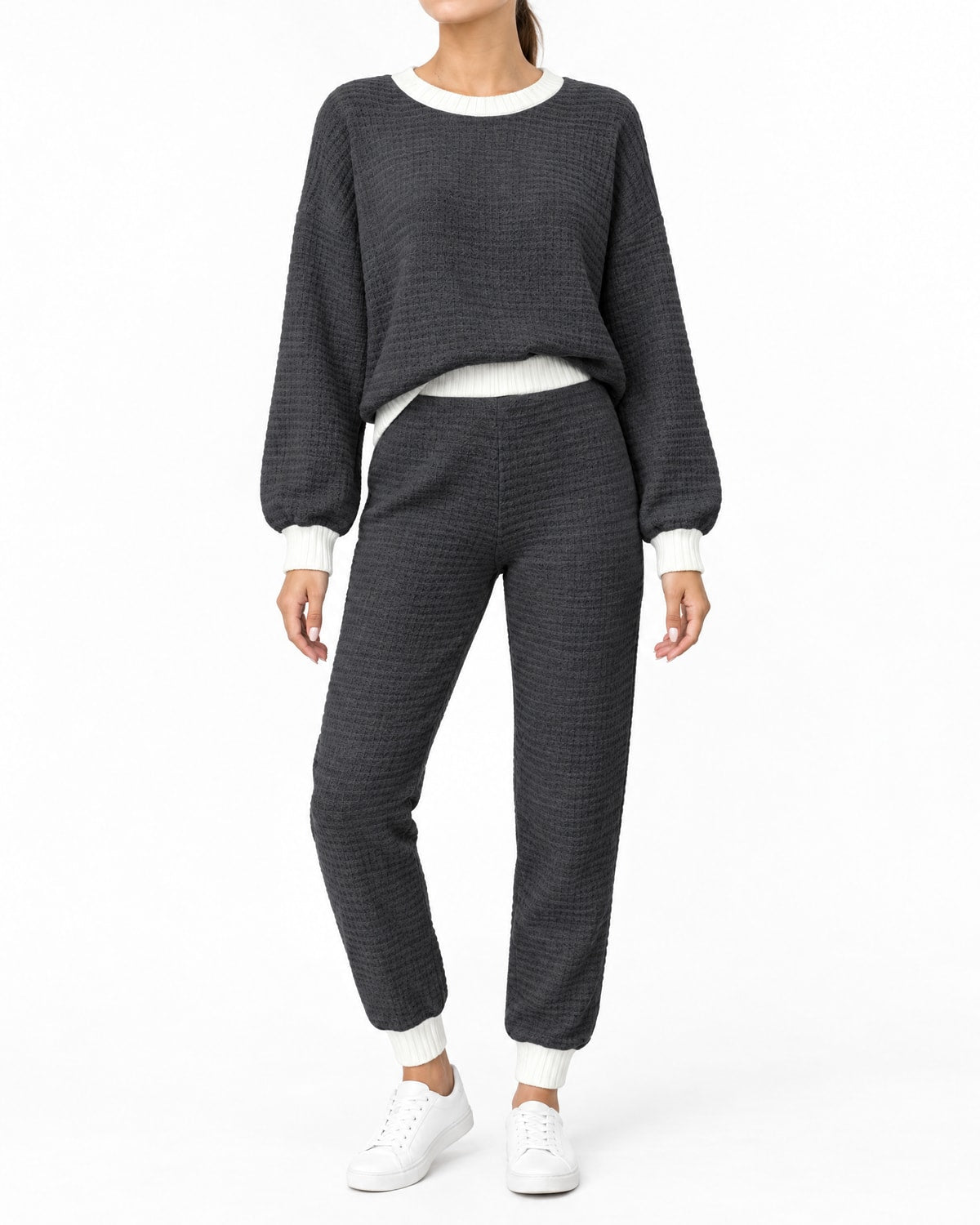 Women's Textured Jumper and Jogger Set with Contrast Trim