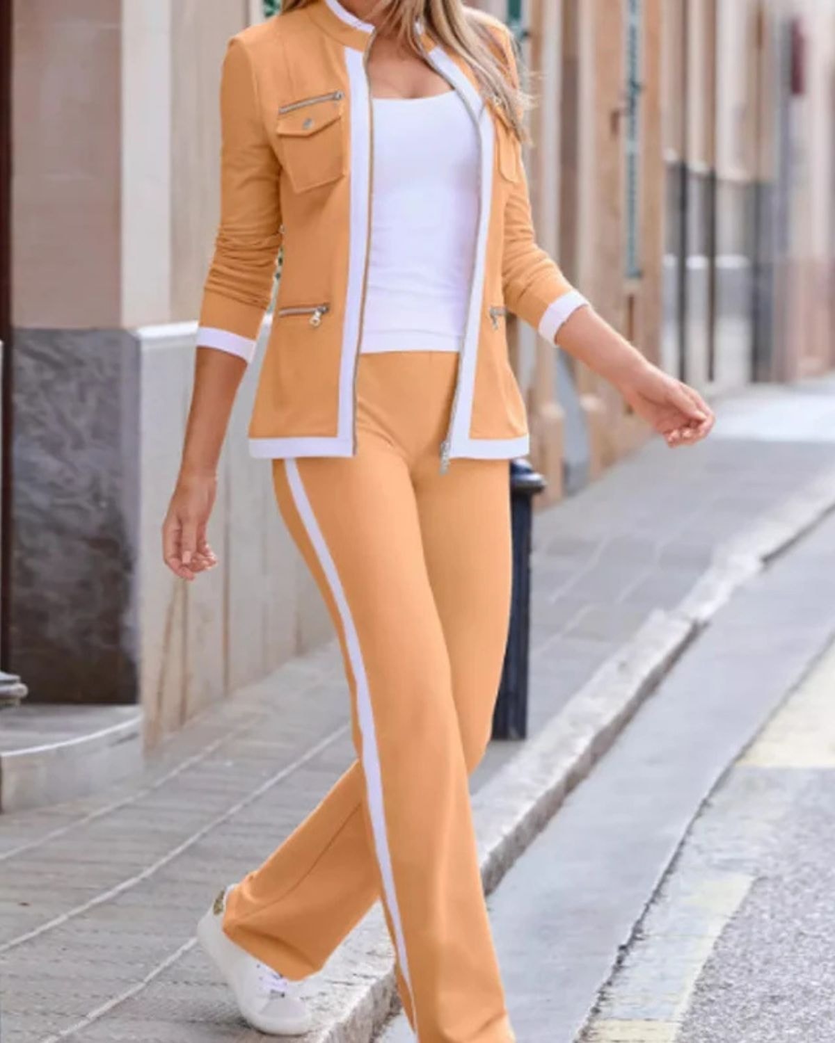 Women's Tracksuit with Stand Collar and Side Stripes
