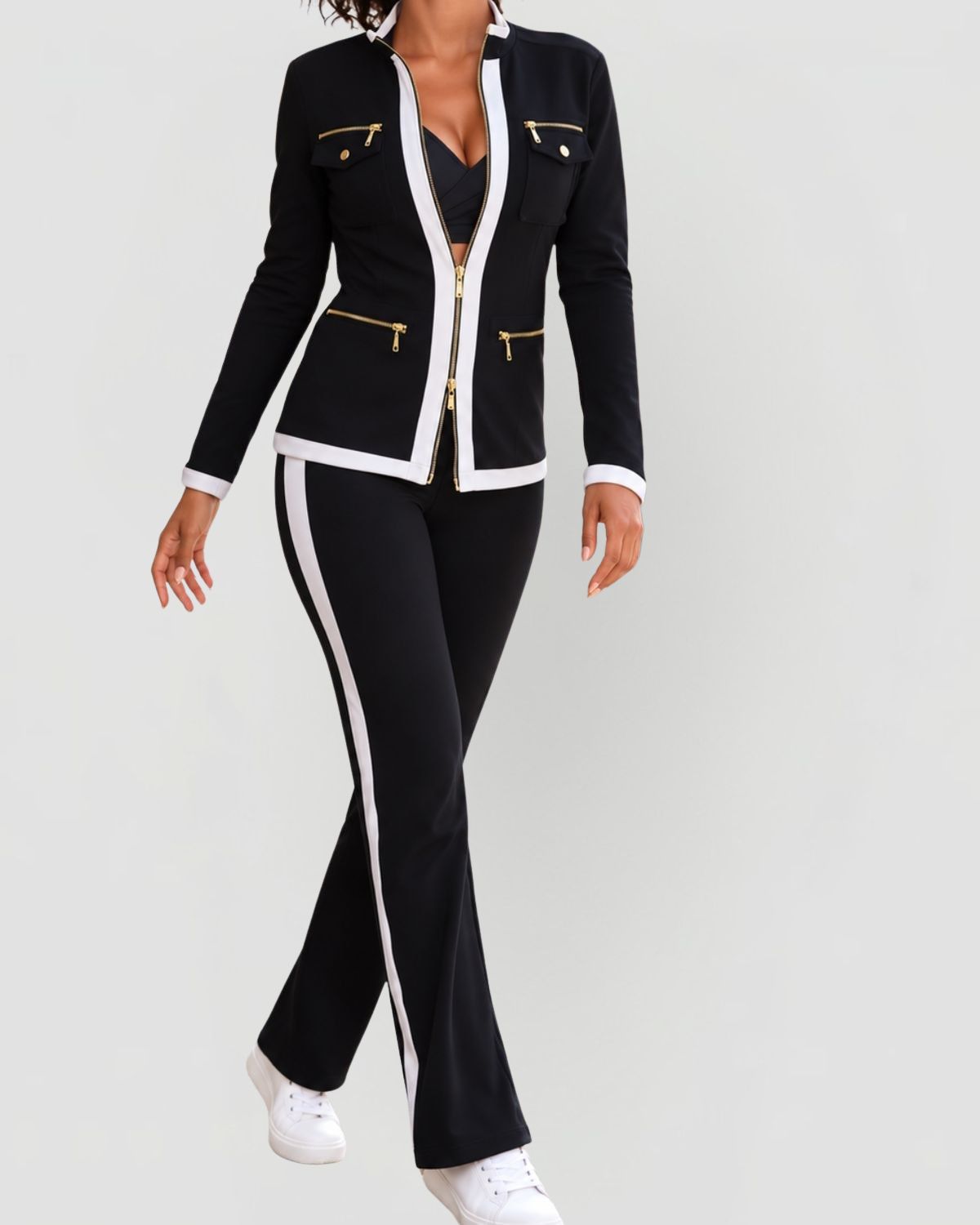 Women's Tracksuit with Stand Collar and Side Stripes