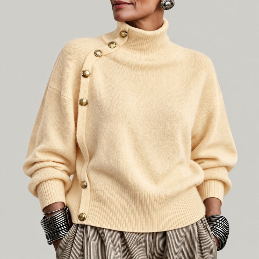 Women's Turtleneck Jumper with Diagonal Buttons and Long Sleeves