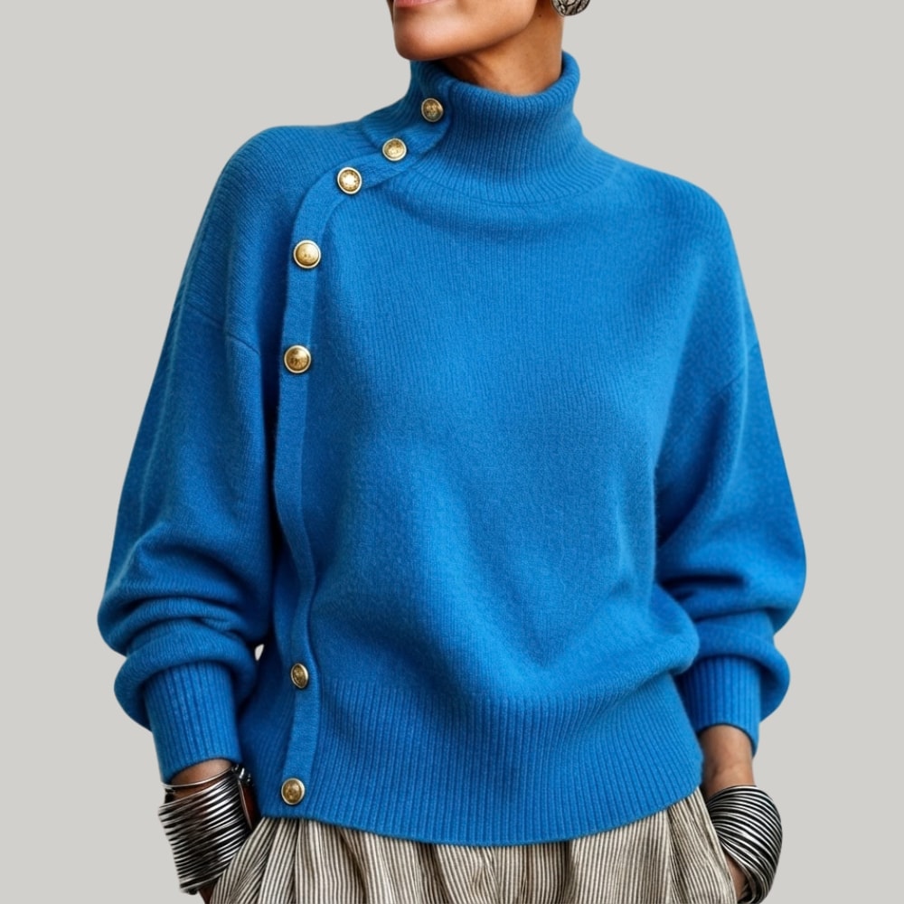Women's Turtleneck Jumper with Diagonal Buttons and Long Sleeves