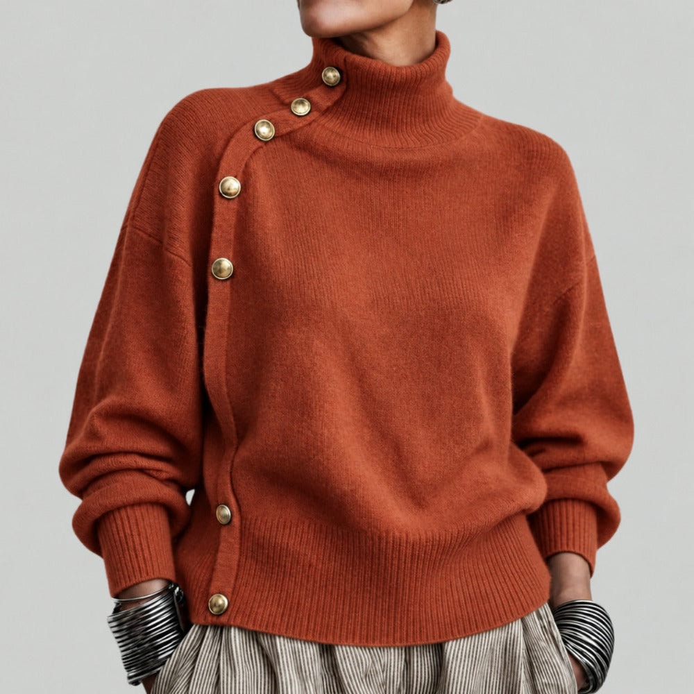 Women's Turtleneck Jumper with Diagonal Buttons and Long Sleeves