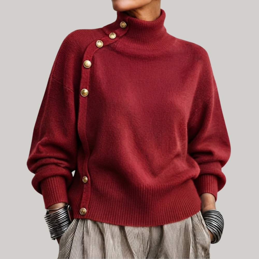 Women's Turtleneck Jumper with Diagonal Buttons and Long Sleeves