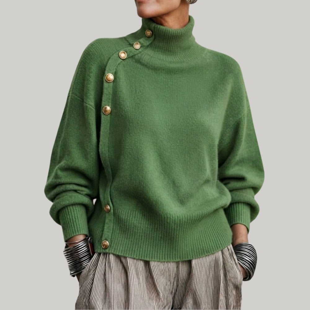Women's Turtleneck Jumper with Diagonal Buttons and Long Sleeves