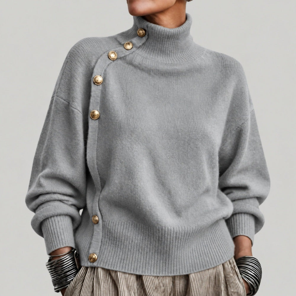 Women's Turtleneck Jumper with Diagonal Buttons and Long Sleeves
