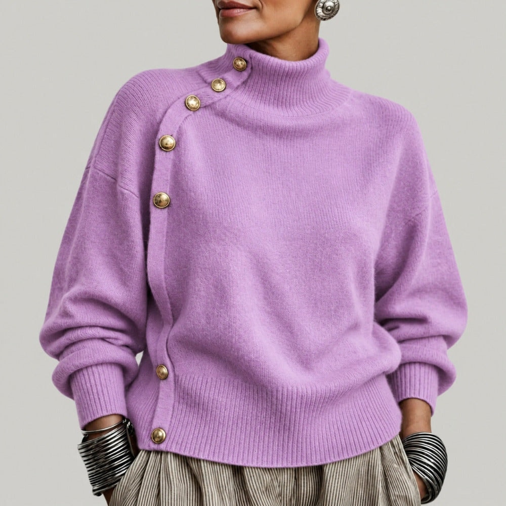 Women's Turtleneck Jumper with Diagonal Buttons and Long Sleeves